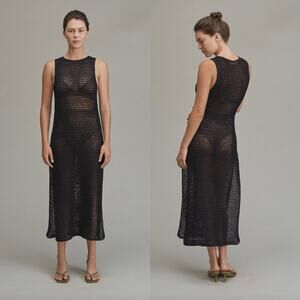 Acacia Swimwear SYBIL Crochet Dress - Black - Recycled Cotton Midi - Large - NWT